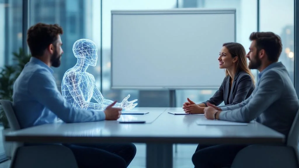 AI CMO as a wireframe team member participating in a meeting with human colleagues